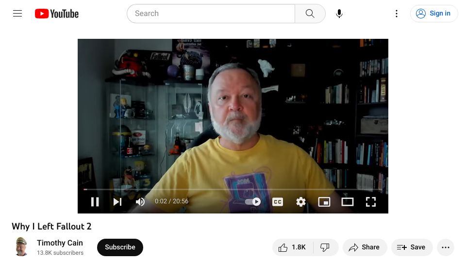 Screenshot of youtube.com: Why Timothy Cain creator of Fallout left Fallout 2 during development