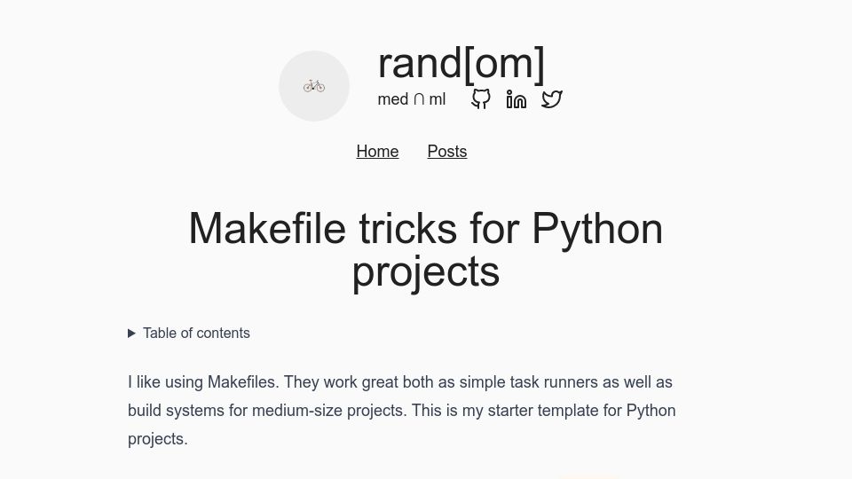 Screenshot of ricardoanderegg.com: Makefile Tricks for Python Projects