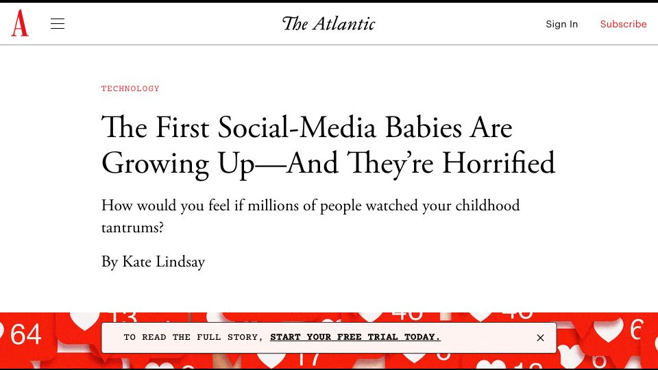 Screenshot of theatlantic.com: The First Social-Media Babies Are Growing Up–and They’re Horrified
