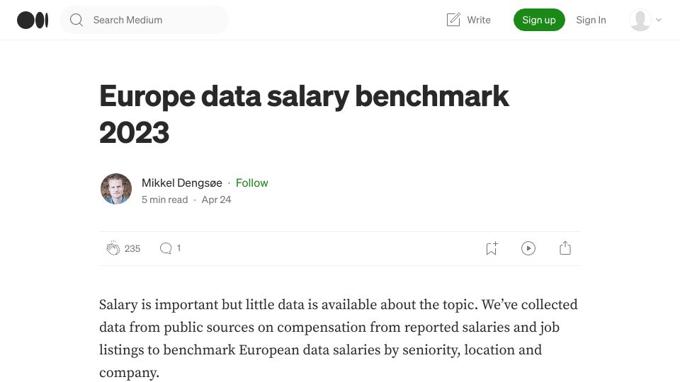 Screenshot of medium.com: Europe data salary benchmark 2023