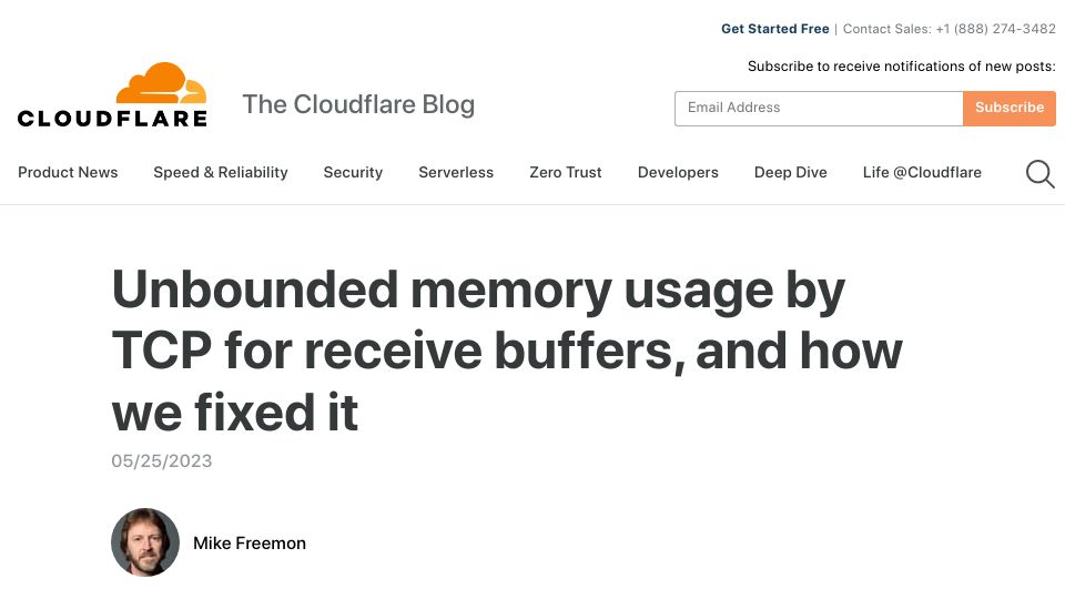 Screenshot of blog.cloudflare.com: Unbounded memory usage by Linux TCP for receive buffers, and how we fixed it