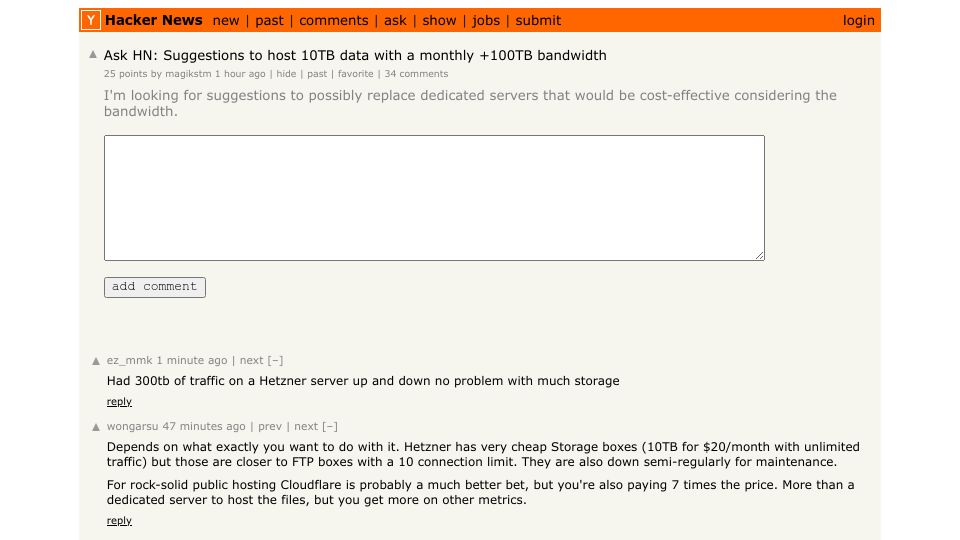 Screenshot of Hacker News post: Ask HN: Suggestions to host 10TB data with a monthly +100TB bandwidth