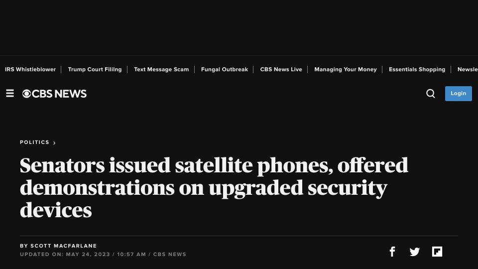 Screenshot of cbsnews.com: Senators issued satellite phones, offered demos on upgraded security devices