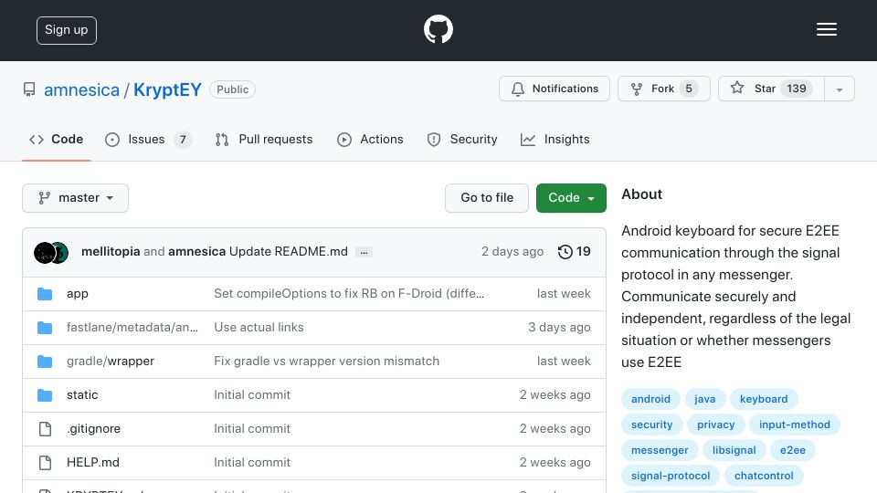 Screenshot of github.com: KryptEY – Android keyboard for E2EE comms via Signal protocol in any messenger