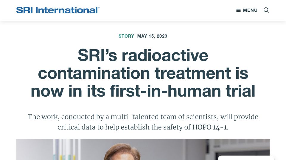 Screenshot of sri.com: SRI’s radioactive contamination treatment is now in its first-in-human trial