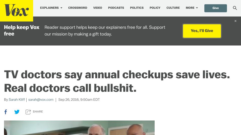 Screenshot of vox.com: TV doctors say annual checkups save lives – real doctors call bullshit (2016)