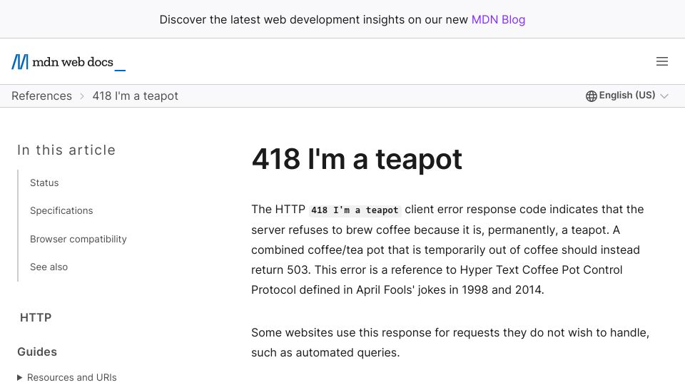 Screenshot of developer.mozilla.org: 418 I'm a teapot