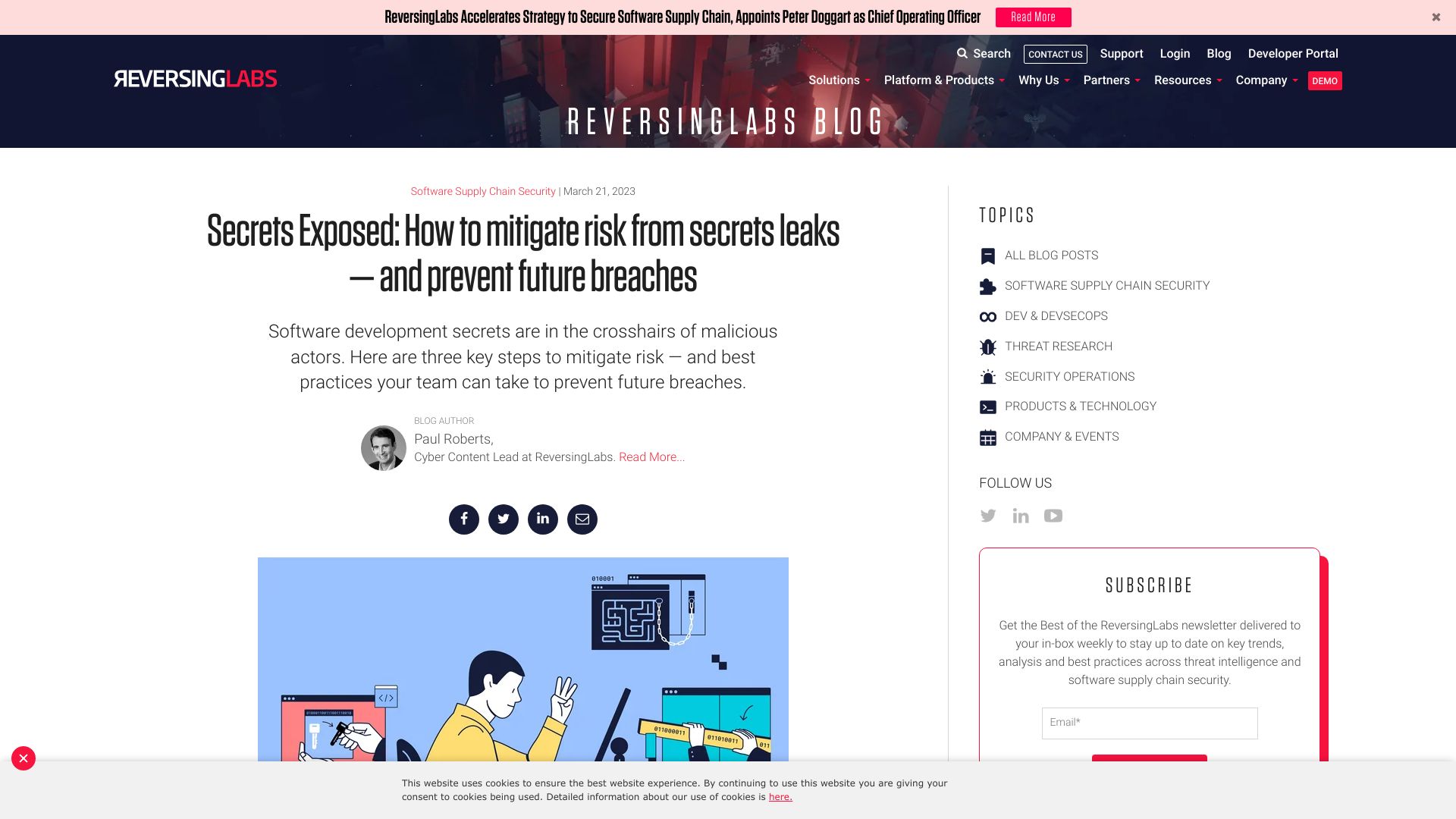 Screenshot of reversinglabs.com: How to mitigate risk from secrets leaks