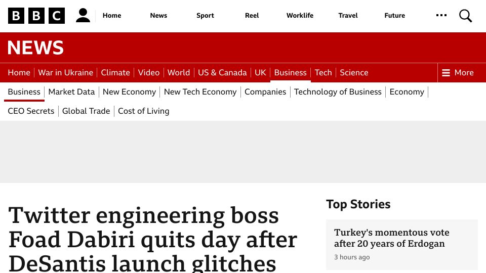 Screenshot of bbc.com: Twitter engineering boss Foad Dabiri quits day after DeSantis launch glitches