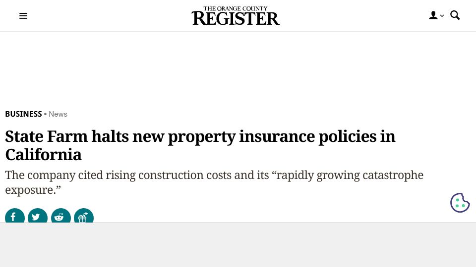 Screenshot of ocregister.com: State Farm halts new property insurance policies in California
