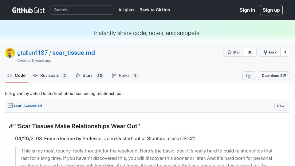 Screenshot of gist.github.com: Scar tissues make relationships wear out (2013)