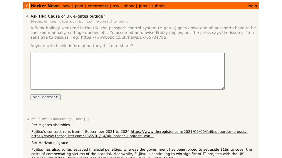 Screenshot of Hacker News post: Ask HN: Cause of UK e-gates outage?