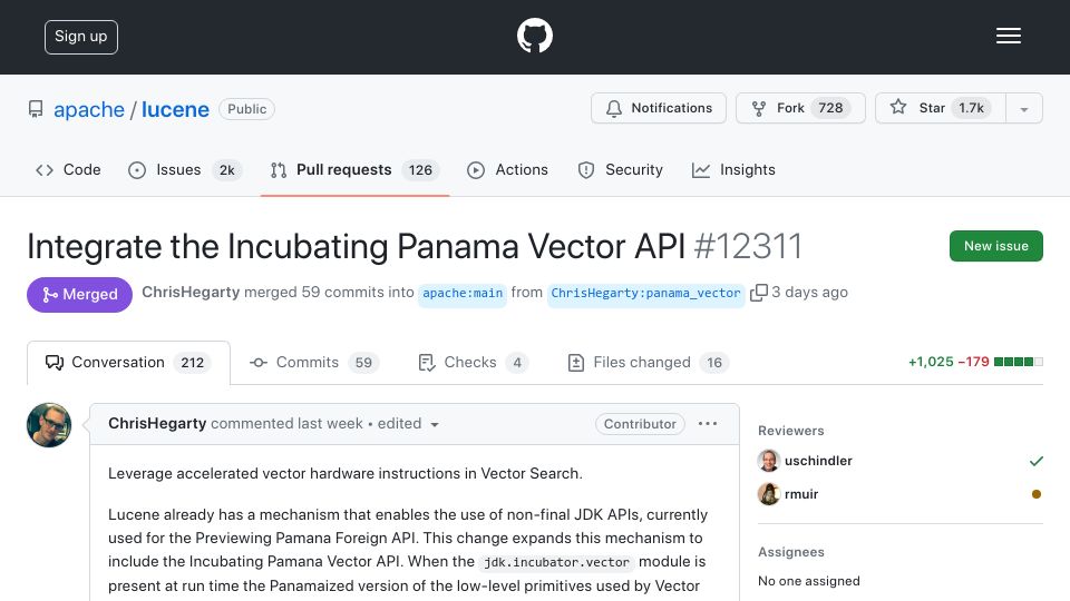 Screenshot of github.com: Java Panama Vector API Integrated with Apache Lucene