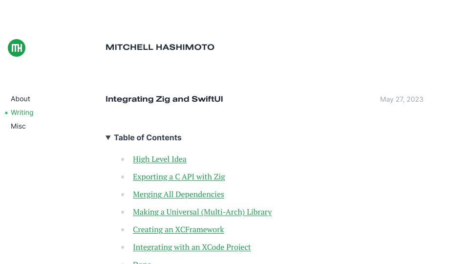 Screenshot of mitchellh.com: Integrating Zig and SwiftUI