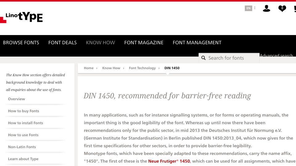 Screenshot of linotype.com: Din 1450, recommended for barrier-free reading
