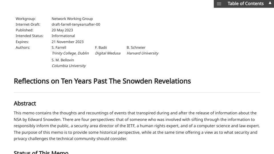 Screenshot of ietf.org: Reflections on Ten Years Past the Snowden Revelations