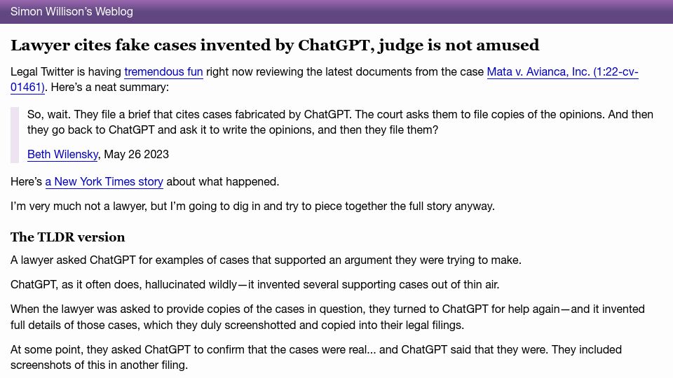 Screenshot of simonwillison.net: Lawyer cites fake cases invented by ChatGPT, judge is not amused