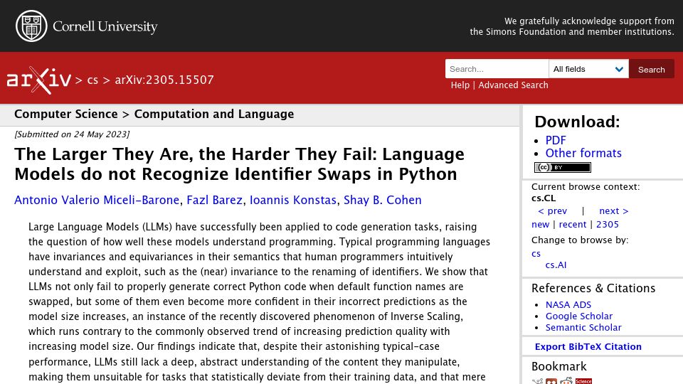 Screenshot of arxiv.org: Large language models do not recognize identifier swaps in Python