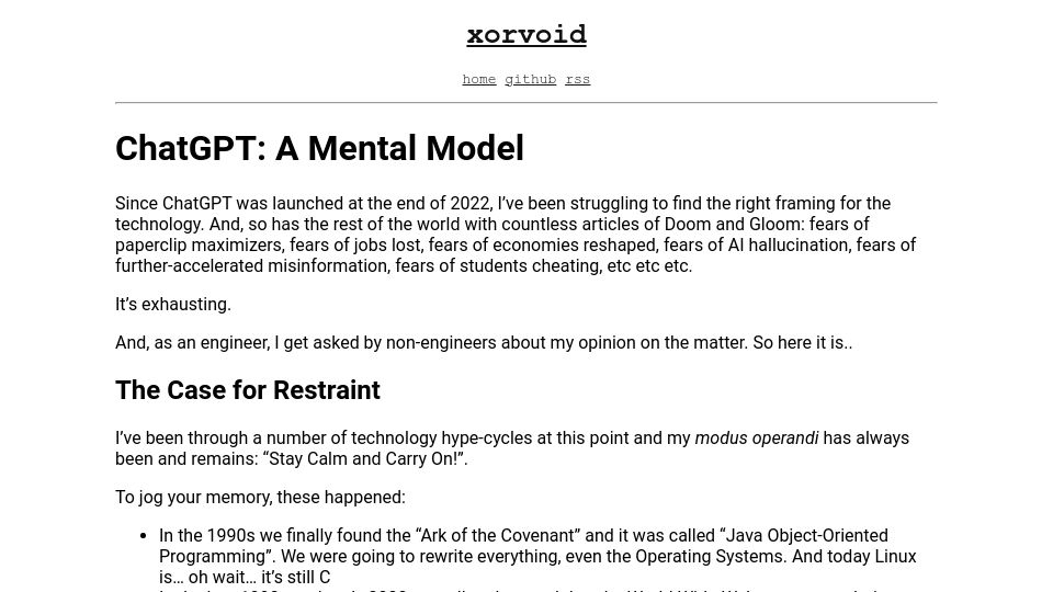 Screenshot of xorvoid.com: ChatGPT: A Mental Model