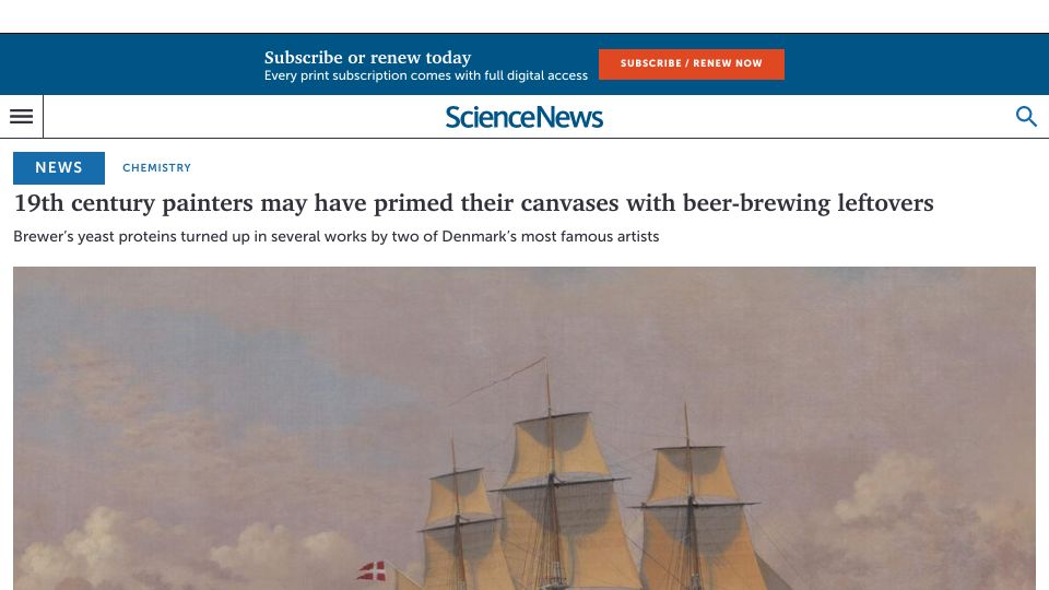 Screenshot of sciencenews.org: 19th century painters may have primed their canvases with beer-brewing leftovers