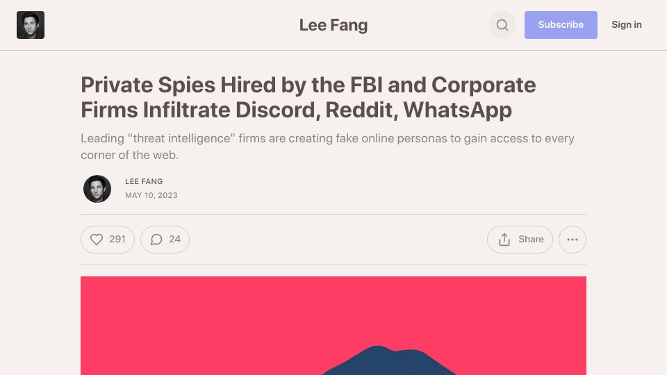 Screenshot of leefang.com: Private spies hired by FBI and corporations infiltrate Discord, Reddit, WhatsApp