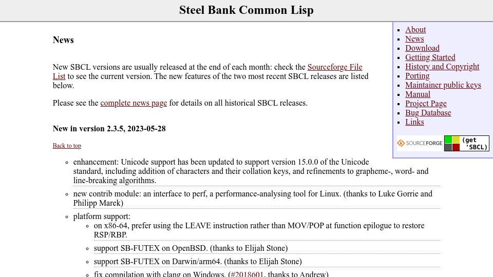 Screenshot of sbcl.org: Steel Bank Common Lisp 2.3.5 released