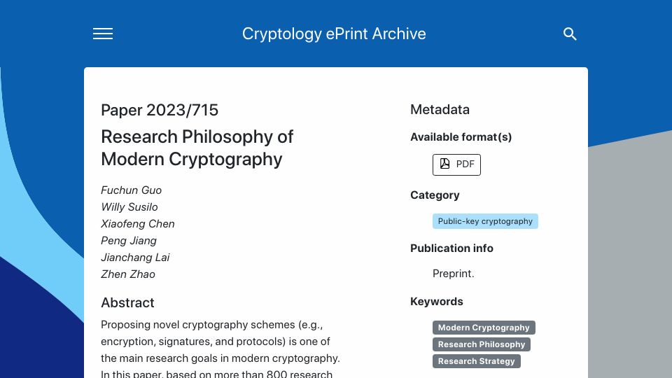 Screenshot of eprint.iacr.org: Research Philosophy of Modern Cryptography