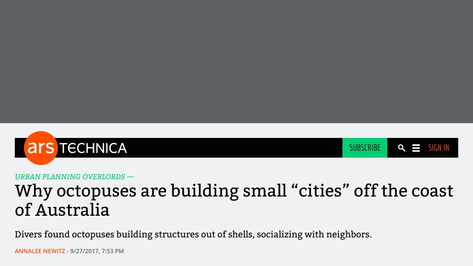 Screenshot of arstechnica.com: Octopuses are building small “cities” off the coast of Australia (2017)