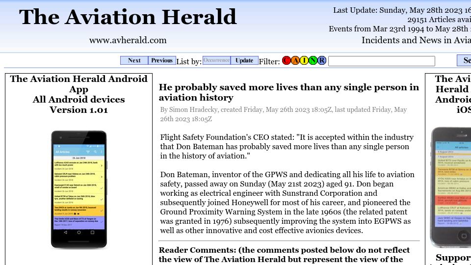 Screenshot of avherald.com: Don Bateman, inventor of the GPWS, has died