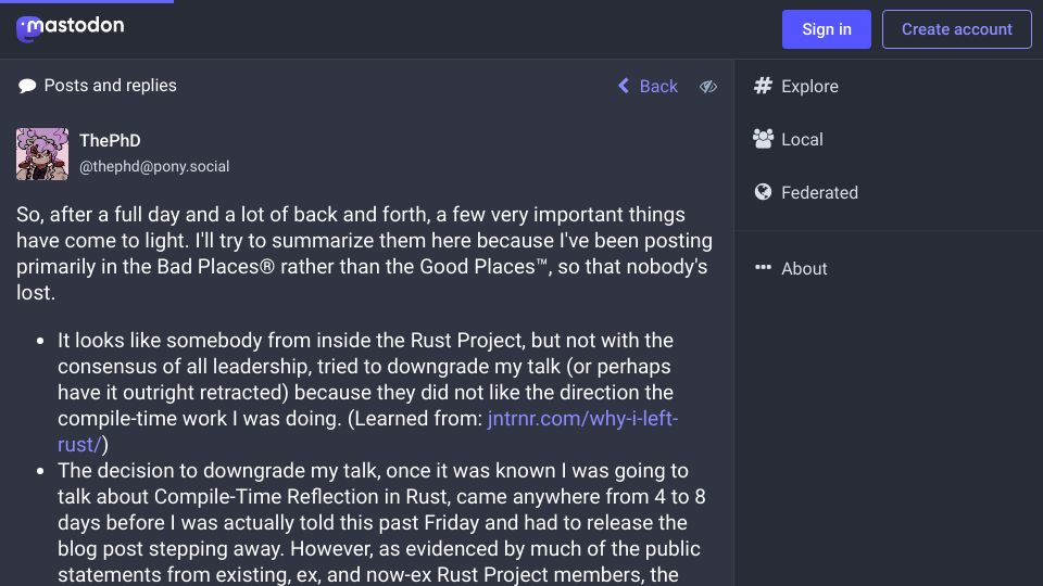 Screenshot of pony.social: JeanHeyd Meneide's response to “Why I left Rust”