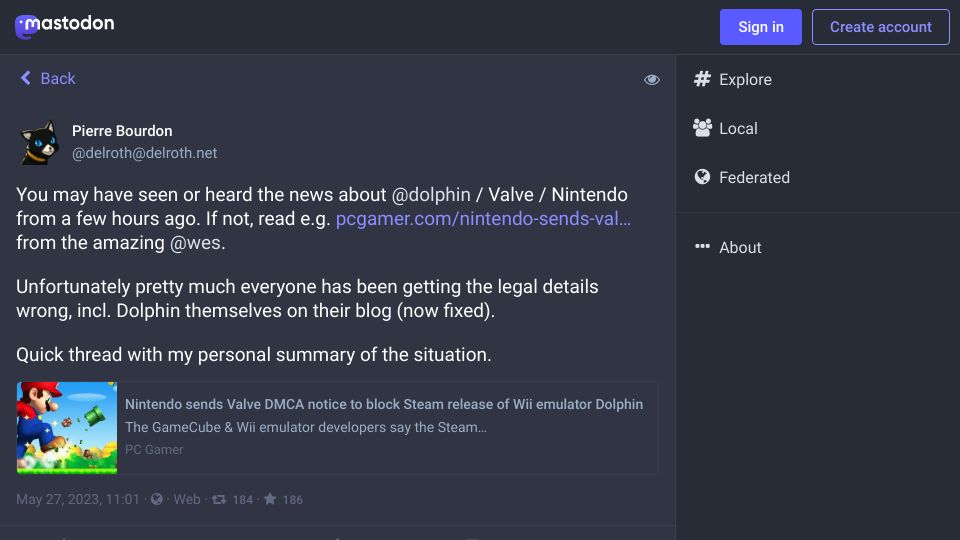 Screenshot of mastodon.delroth.net: Former Dolphin team member addresses Steam/Valve’s takedown of Dolphin emulator