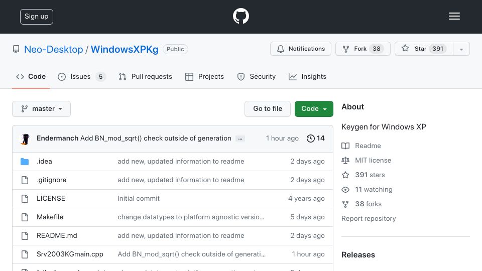 Screenshot of github.com: Neo-Desktop/WindowsXPKg: Keygen for Windows XP
