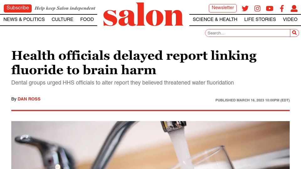Screenshot of salon.com: Health officials delayed report linking fluoride to brain harm