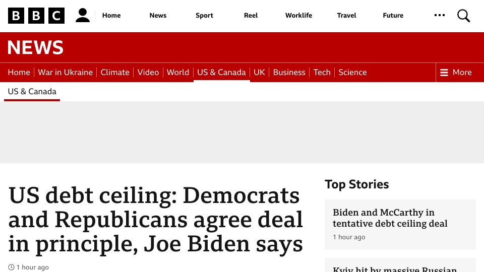 Screenshot of bbc.com: US debt ceiling: Democrats and Republicans agree deal in principle