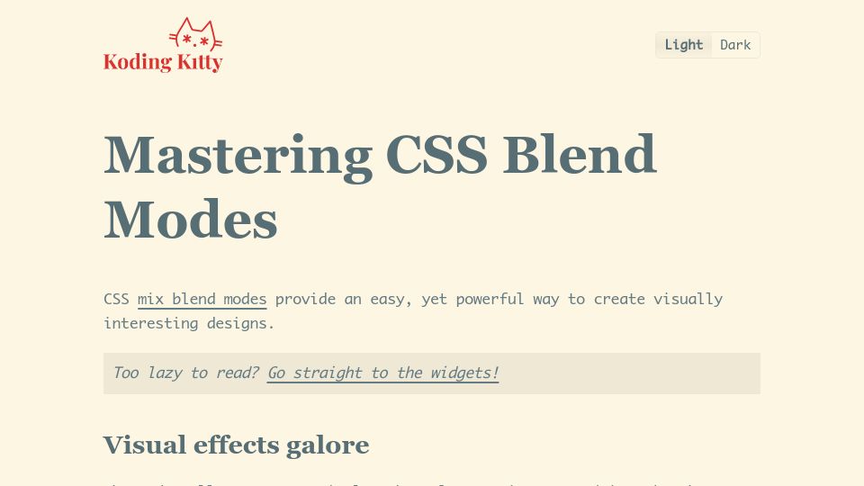 Screenshot of kodingkitty.com: Mastering CSS blend modes