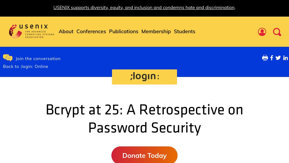Screenshot of usenix.org: Bcrypt at 25