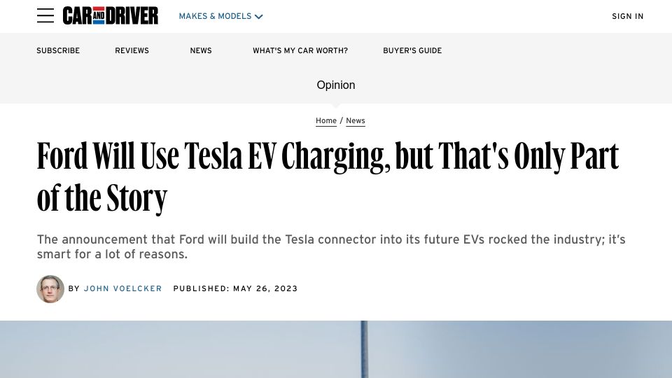 Screenshot of caranddriver.com: Ford Will Use Tesla EV Charging, but That's Only Part of the Story