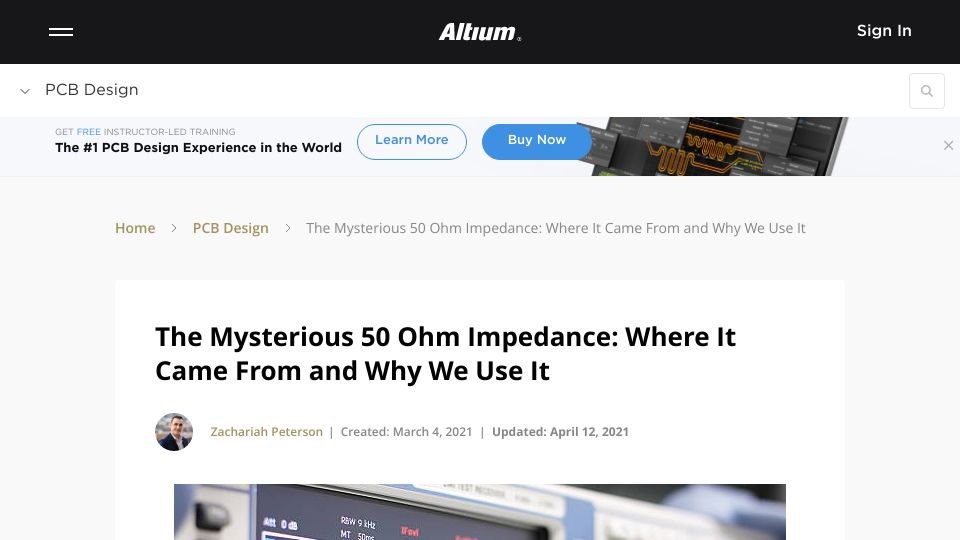 Screenshot of resources.altium.com: The Mysterious 50 Ohm Impedance: Where It Came from and Why We Use It (2021)