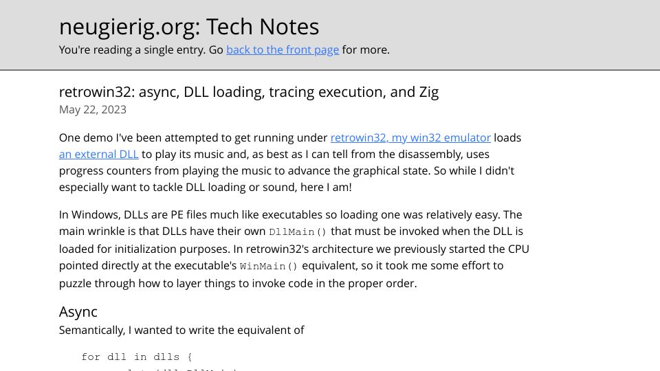 Screenshot of neugierig.org: Retrowin32: Async, DLL loading, tracing execution, and Zig