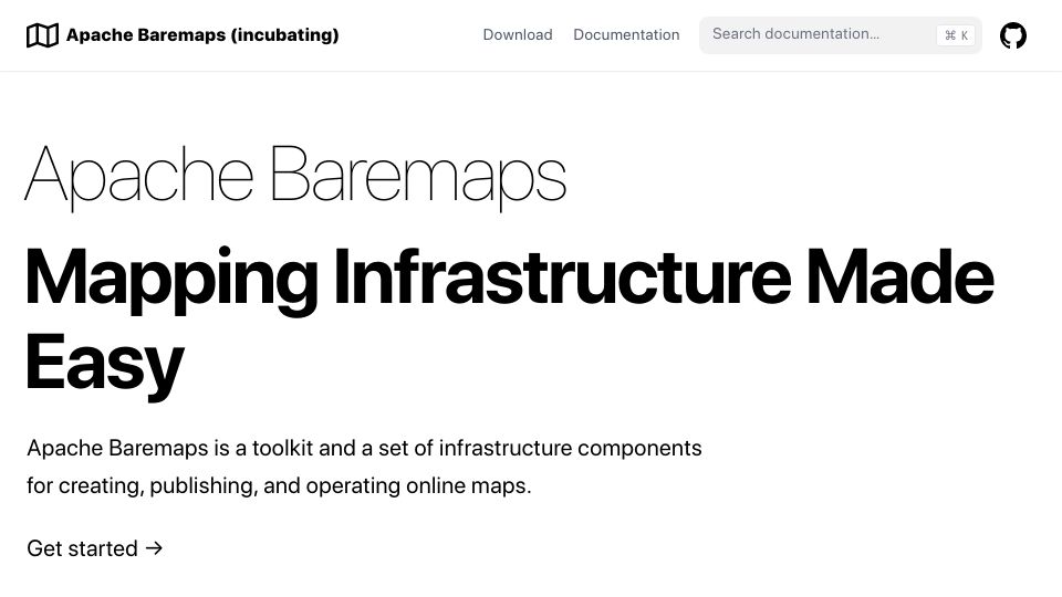 Screenshot of baremaps.apache.org: Apache Baremaps: online maps toolkit