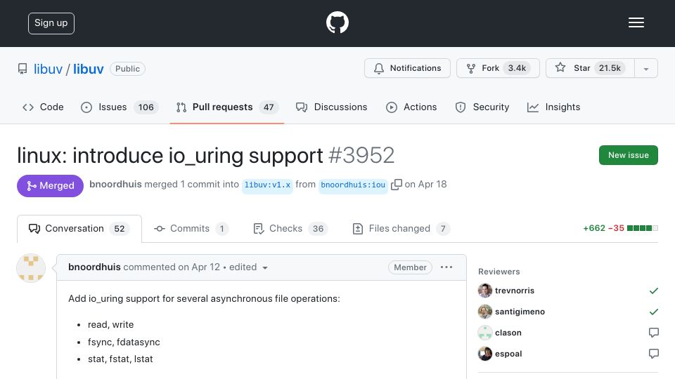 Screenshot of github.com: Libuv – Linux: io_uring support