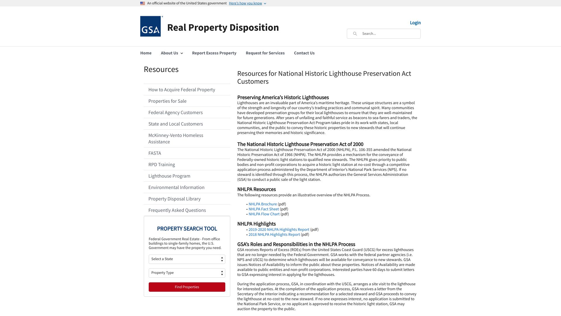 Screenshot of disposal.gsa.gov: Real Property Disposition: Historic lighthouses