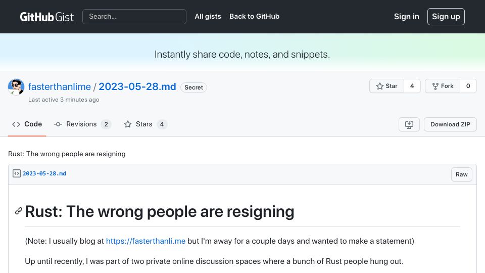 Screenshot of gist.github.com: Rust: The wrong people are resigning