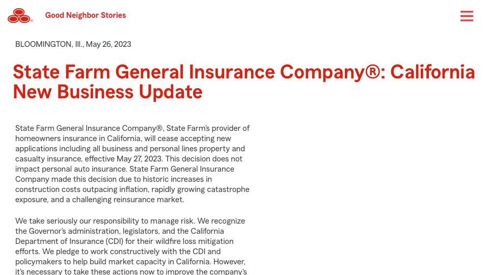 Screenshot of newsroom.statefarm.com: State Farm: California New Business Update