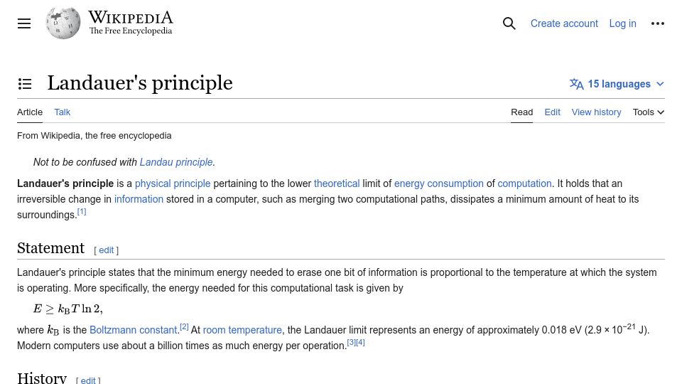Screenshot of en.wikipedia.org: Landauer's Principle