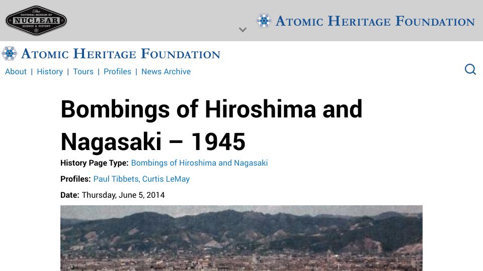 Screenshot of ahf.nuclearmuseum.org: Bombings of Hiroshima and Nagasaki (2014)