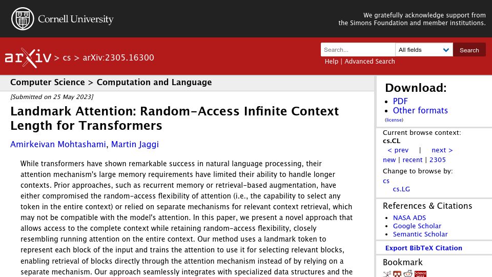 Screenshot of arxiv.org: Landmark infinite context transformer paper just dropped
