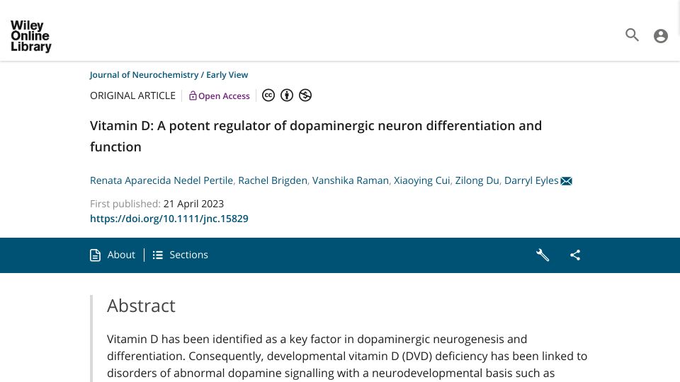 Screenshot of onlinelibrary.wiley.com: Vitamin D: Potent regulator of dopaminergic neuron differentiation and function