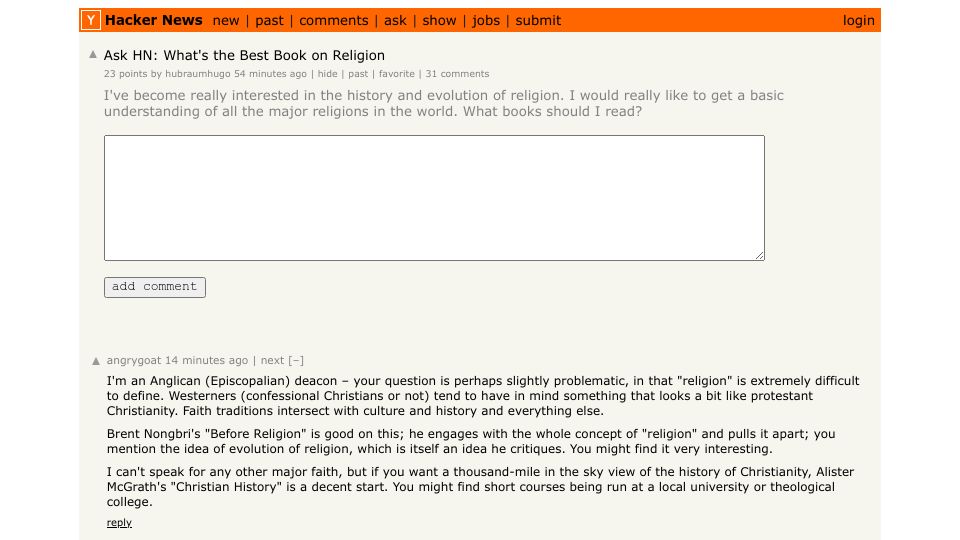 Screenshot of Hacker News post: Ask HN: What's the Best Book on Religion