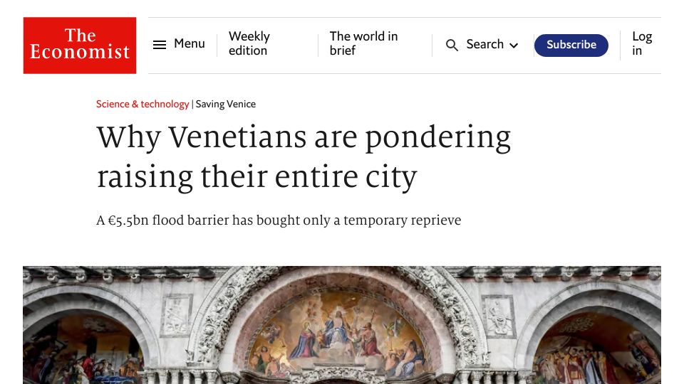 Screenshot of economist.com: Venetians are pondering raising their entire city